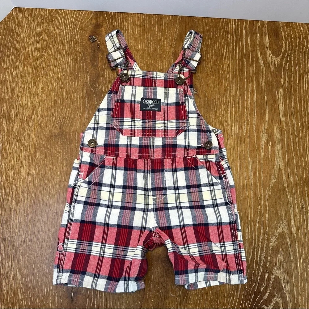 Vintage OshKosh Bgosh Red Polo Bodysuit‎ and Plaid Shortalls 12M